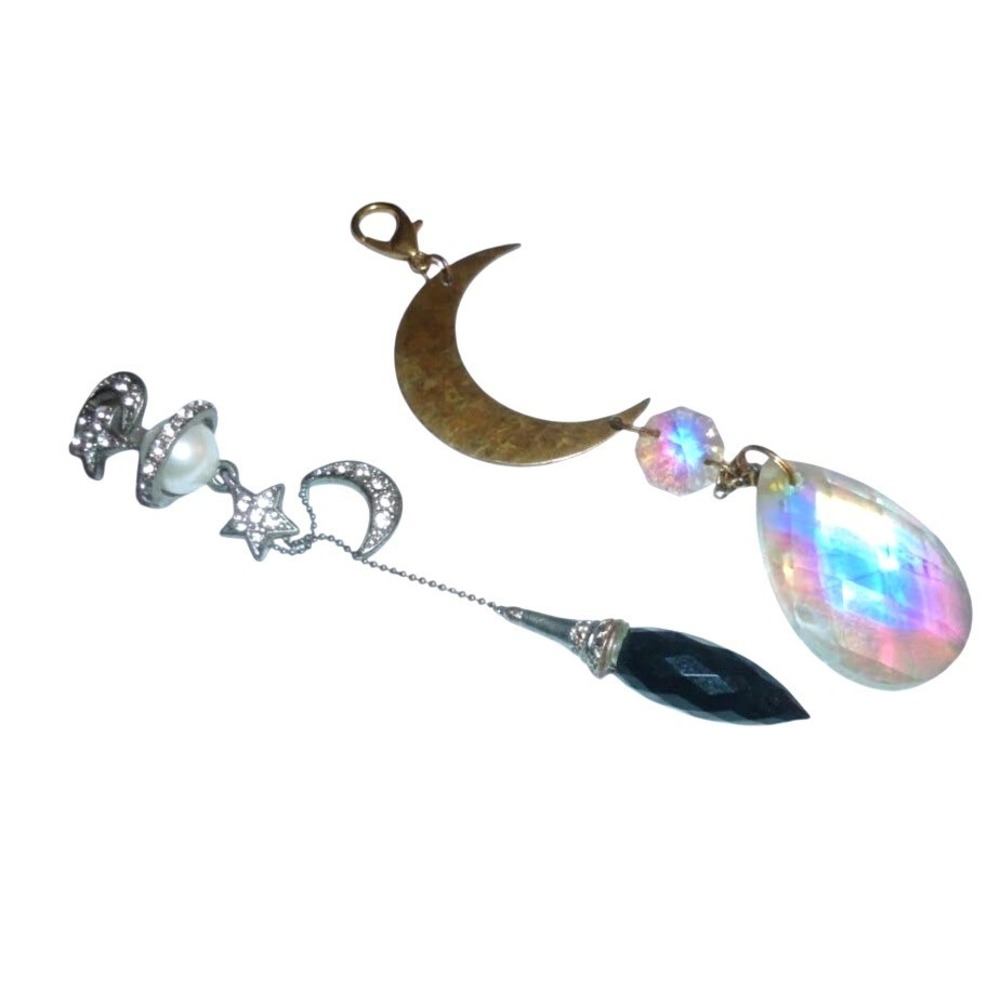 Celestial Moon Saturn Charm Pendant Set Iridescent Crystal Star Pearl Black Drop